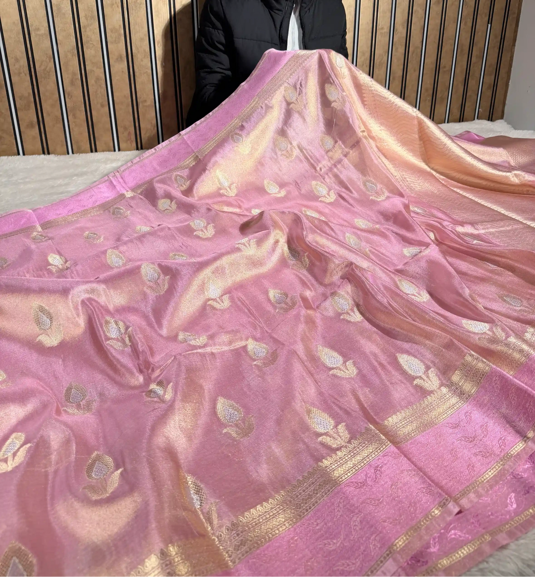 Metallic Light Pink Breathable Tissue Silk Flower Buta Banarasi Saree