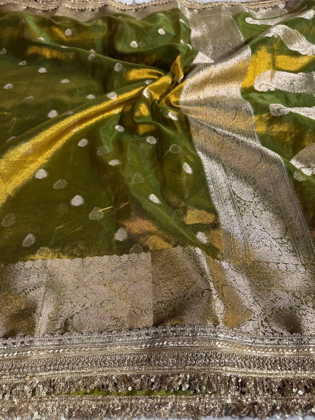 Metallic Mehendi Green Tissue Silk Designer Lace Attached Banarasi Saree