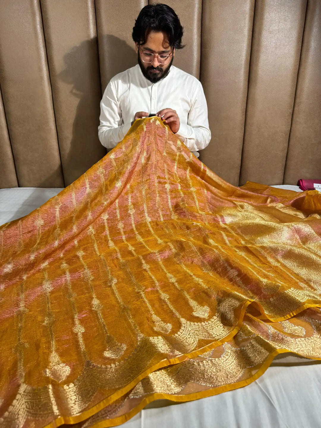 Metallic Mustard Yellow crush tissue silk saree with rich pallu and blouse