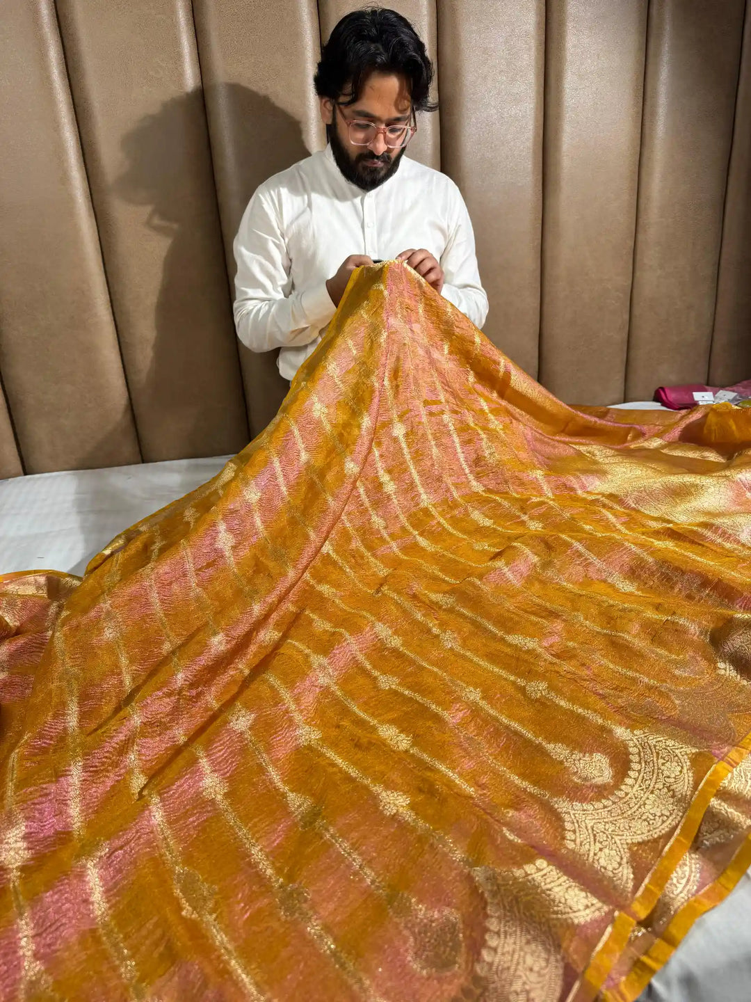 Metallic Mustard Yellow crush tissue silk saree with rich pallu and blouse
