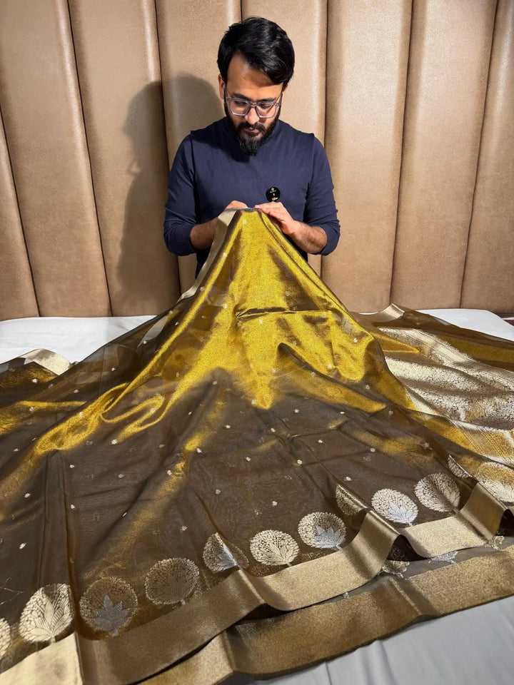 Metallic Mustardish Gold Tissue Silk Heritage Weave Banarasi Saree