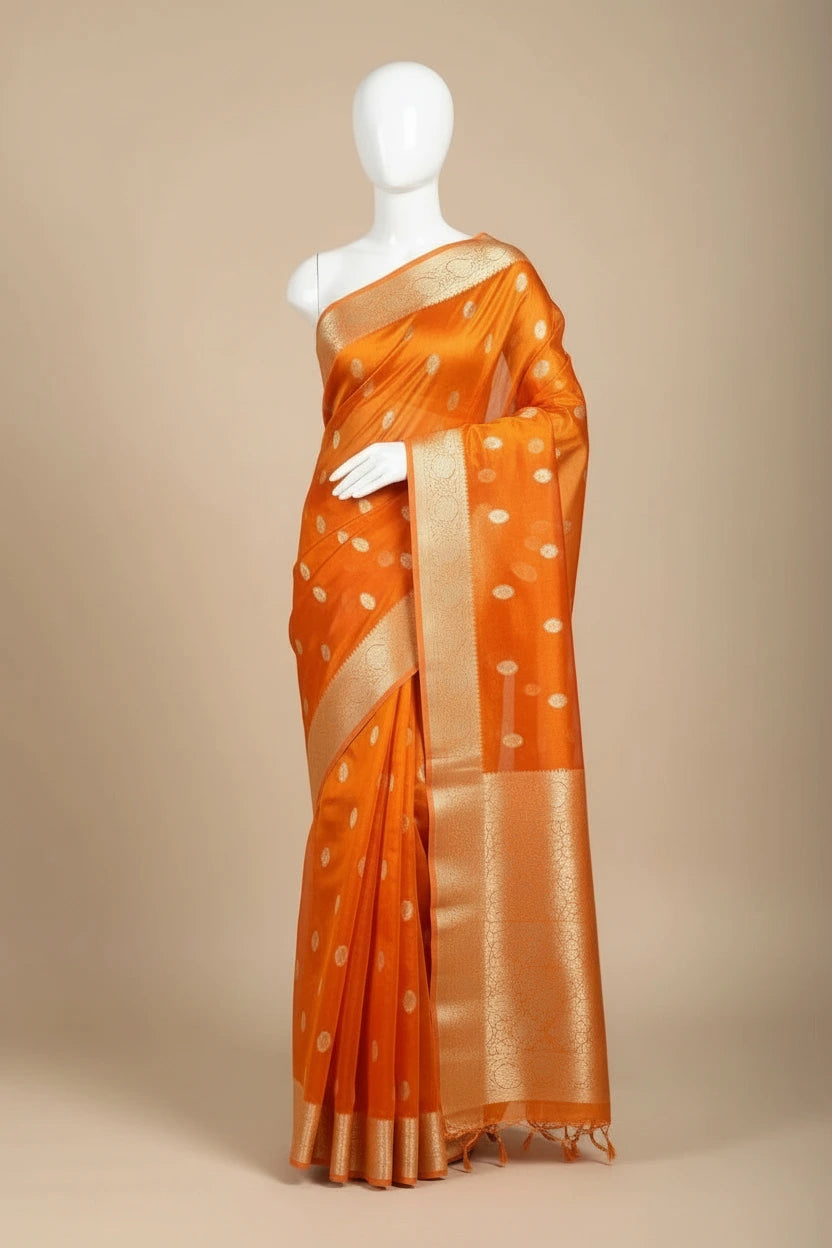 Metallic Orange 100% Pure Tissue Silk Traditional Buti Weave Banarasi Saree