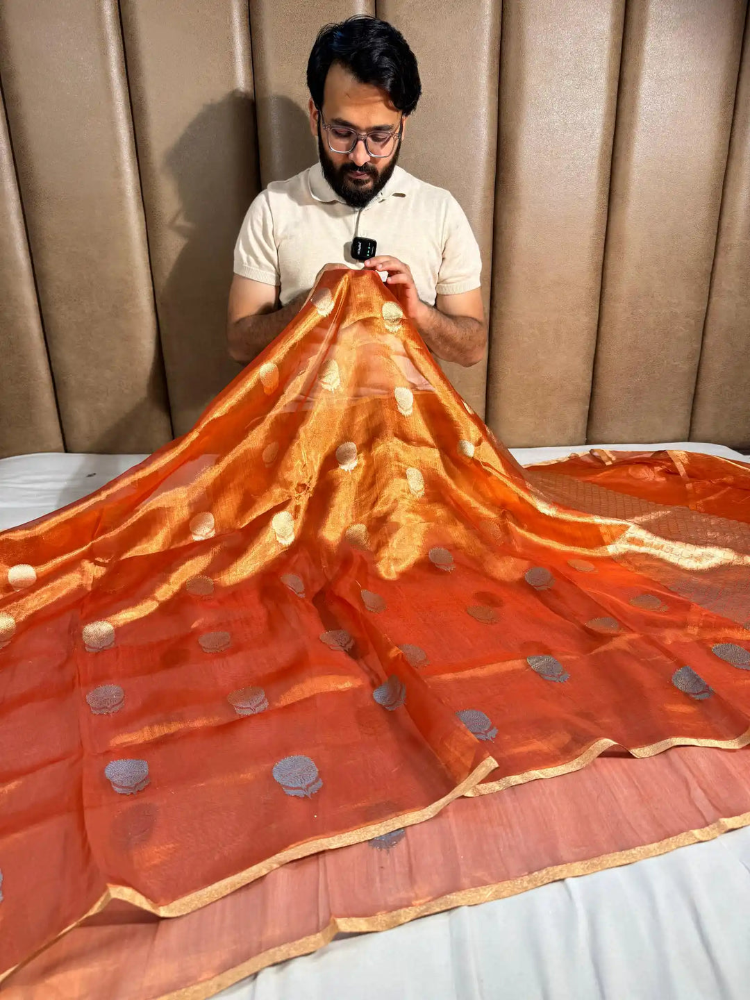 Metallic Orange 100% Pure tissue silk handweaved saree with rich pallu and blouse