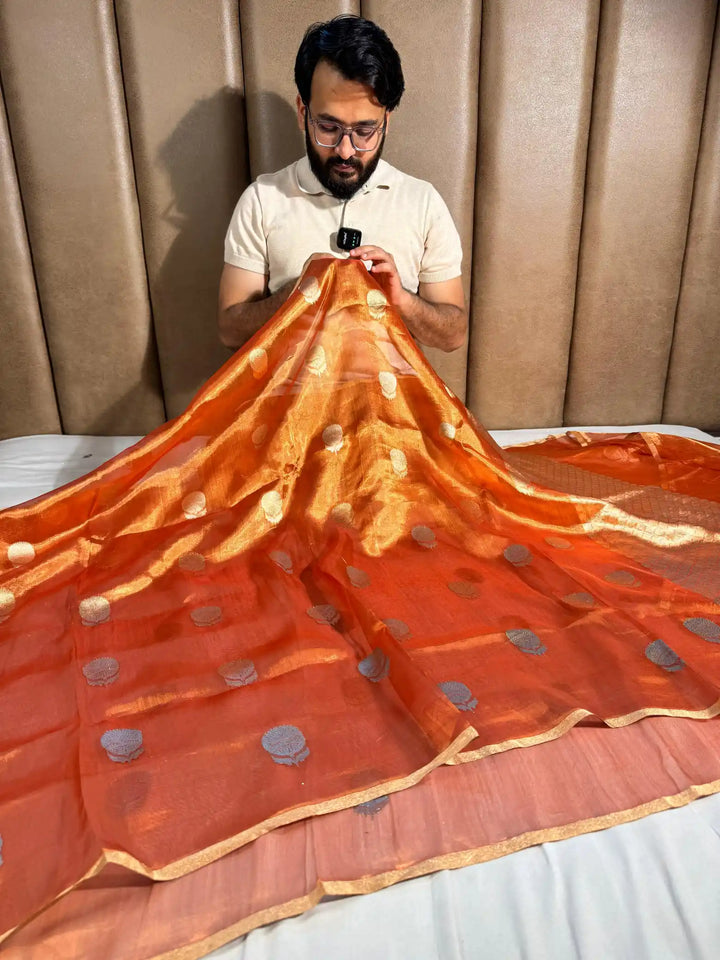 Metallic Orange 100% Pure tissue silk handweaved saree with rich pallu and blouse