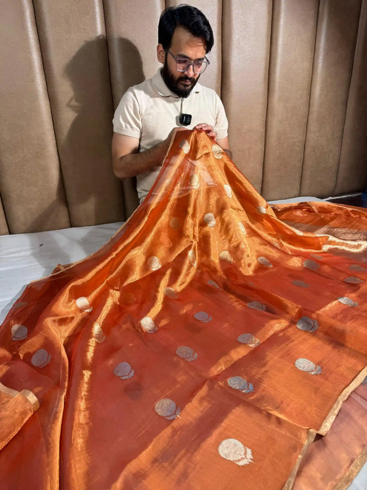 Metallic Orange 100% Pure tissue silk handweaved saree with rich pallu and blouse