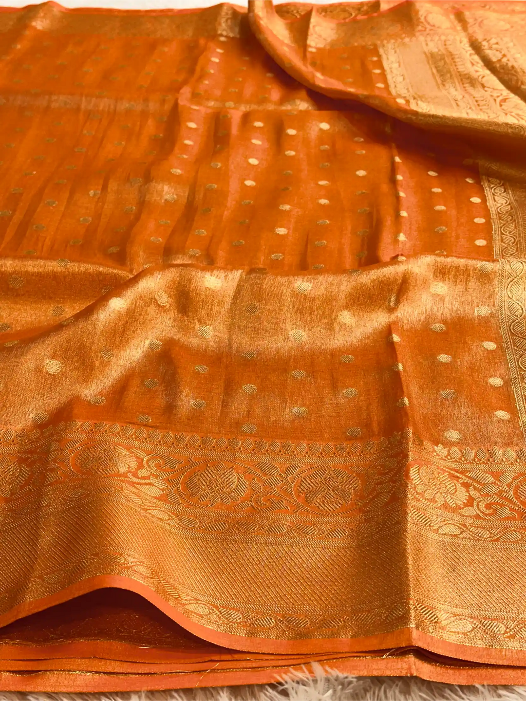 Metallic Orange Breathable Soft Tissue Silk Banarasi Saree