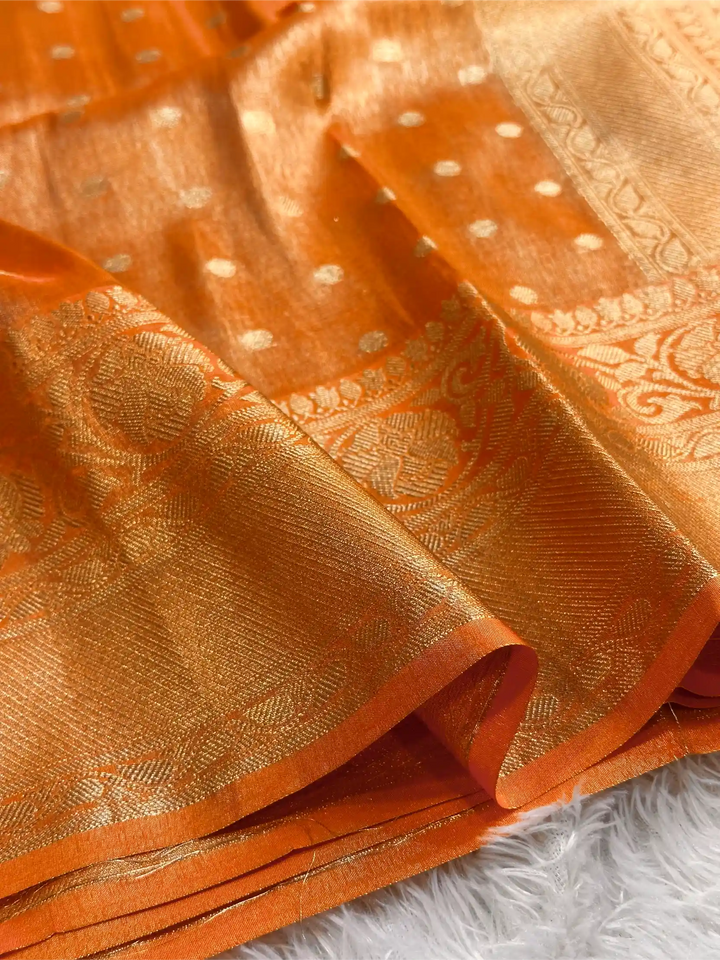 Metallic Orange Breathable Soft Tissue Silk Banarasi Saree