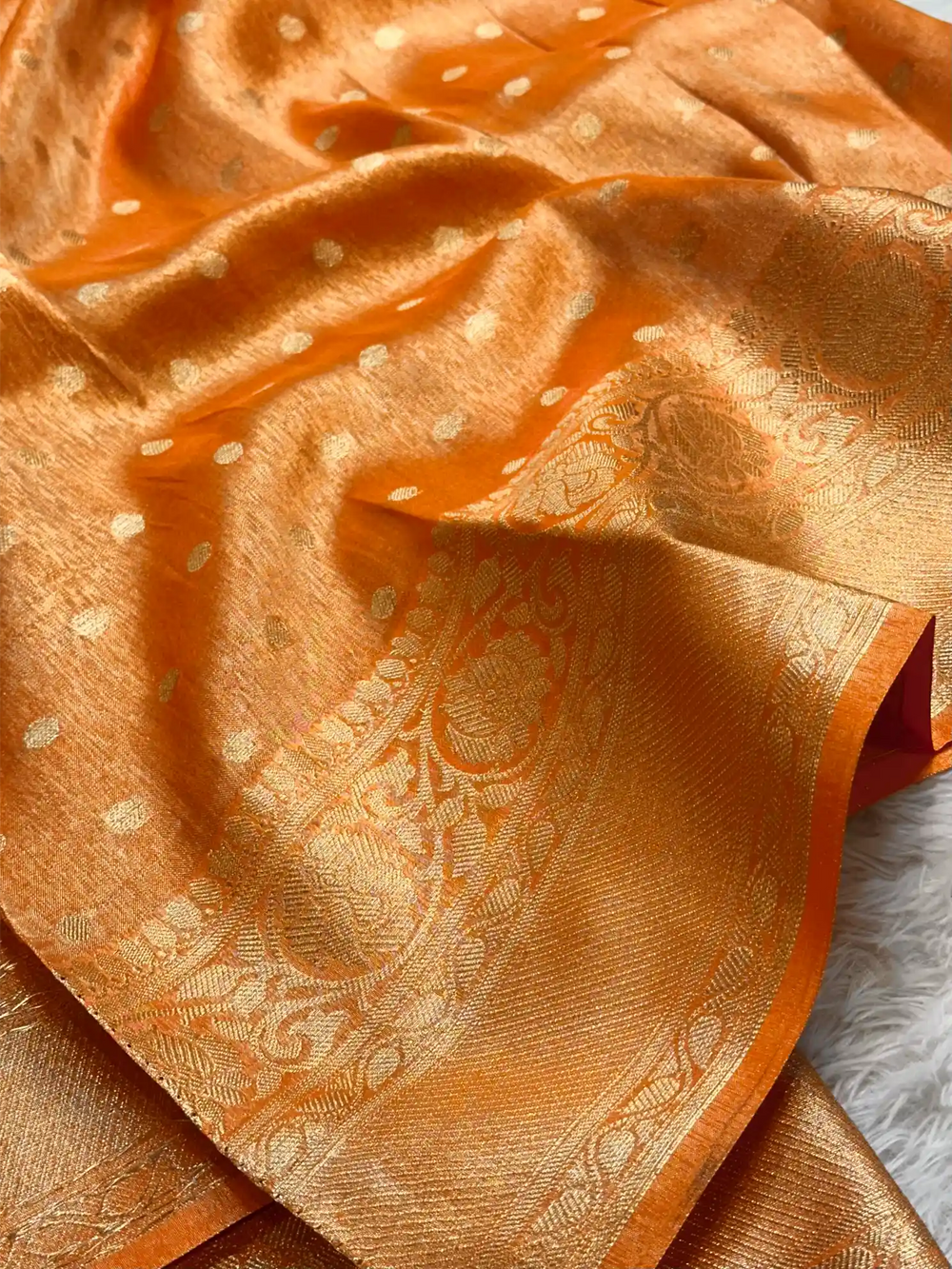 Metallic Orange Breathable Soft Tissue Silk Banarasi Saree