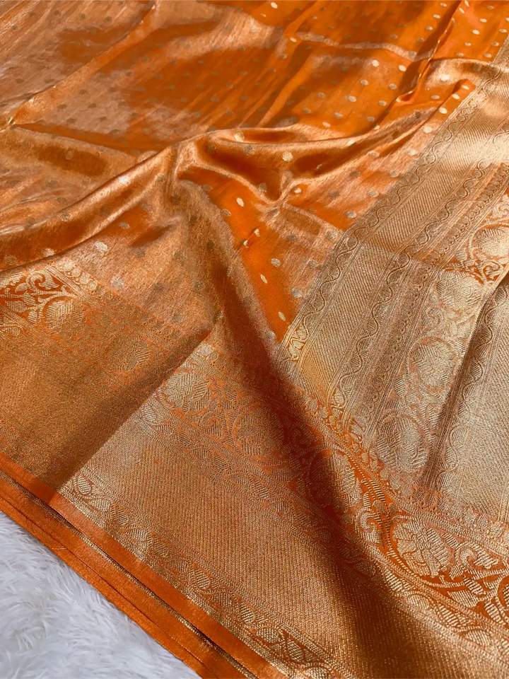 Metallic Orange Breathable Soft Tissue Silk Banarasi Saree
