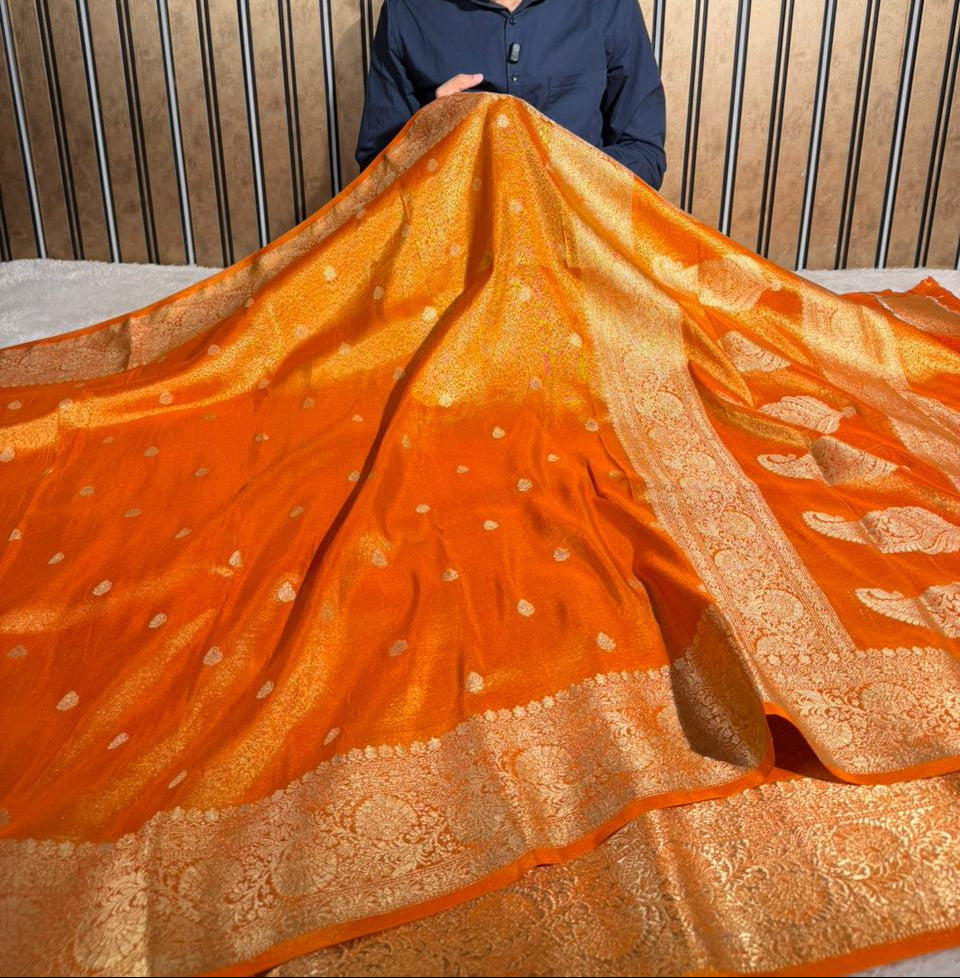 Metallic Orange Breathable Soft Tissue Silk Banarasi saree