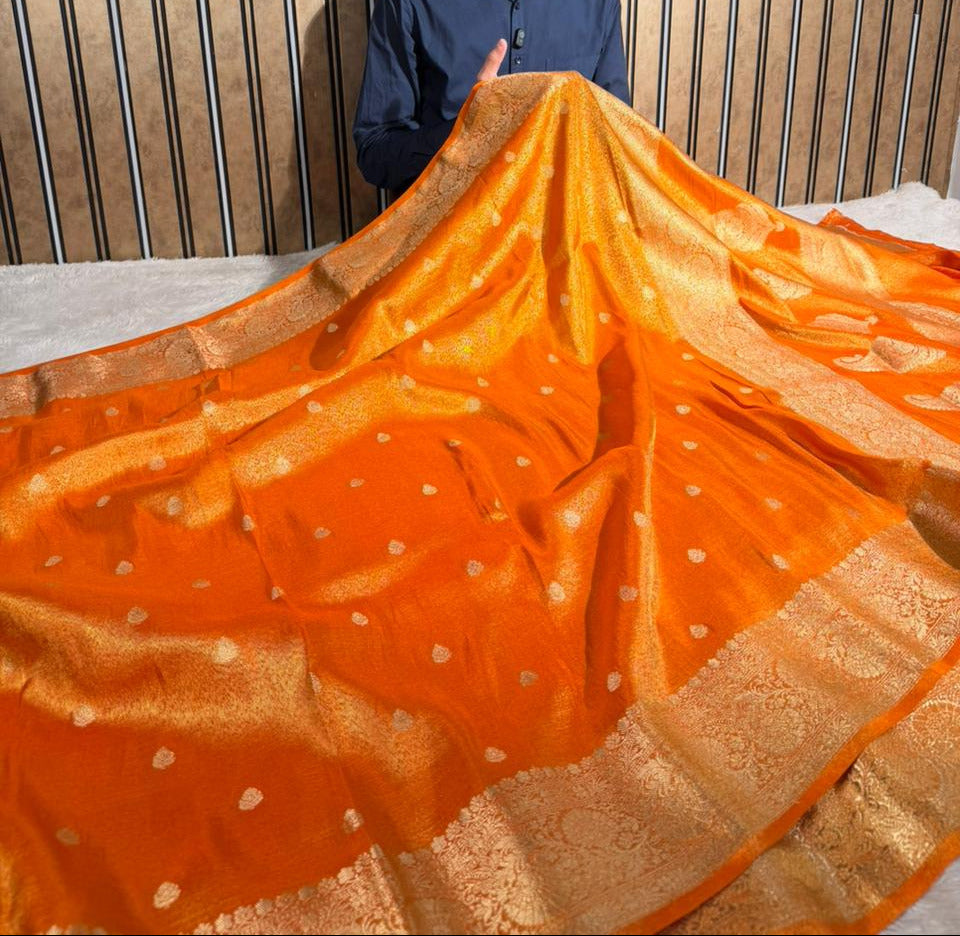 Metallic Orange Breathable Soft Tissue Silk Banarasi saree