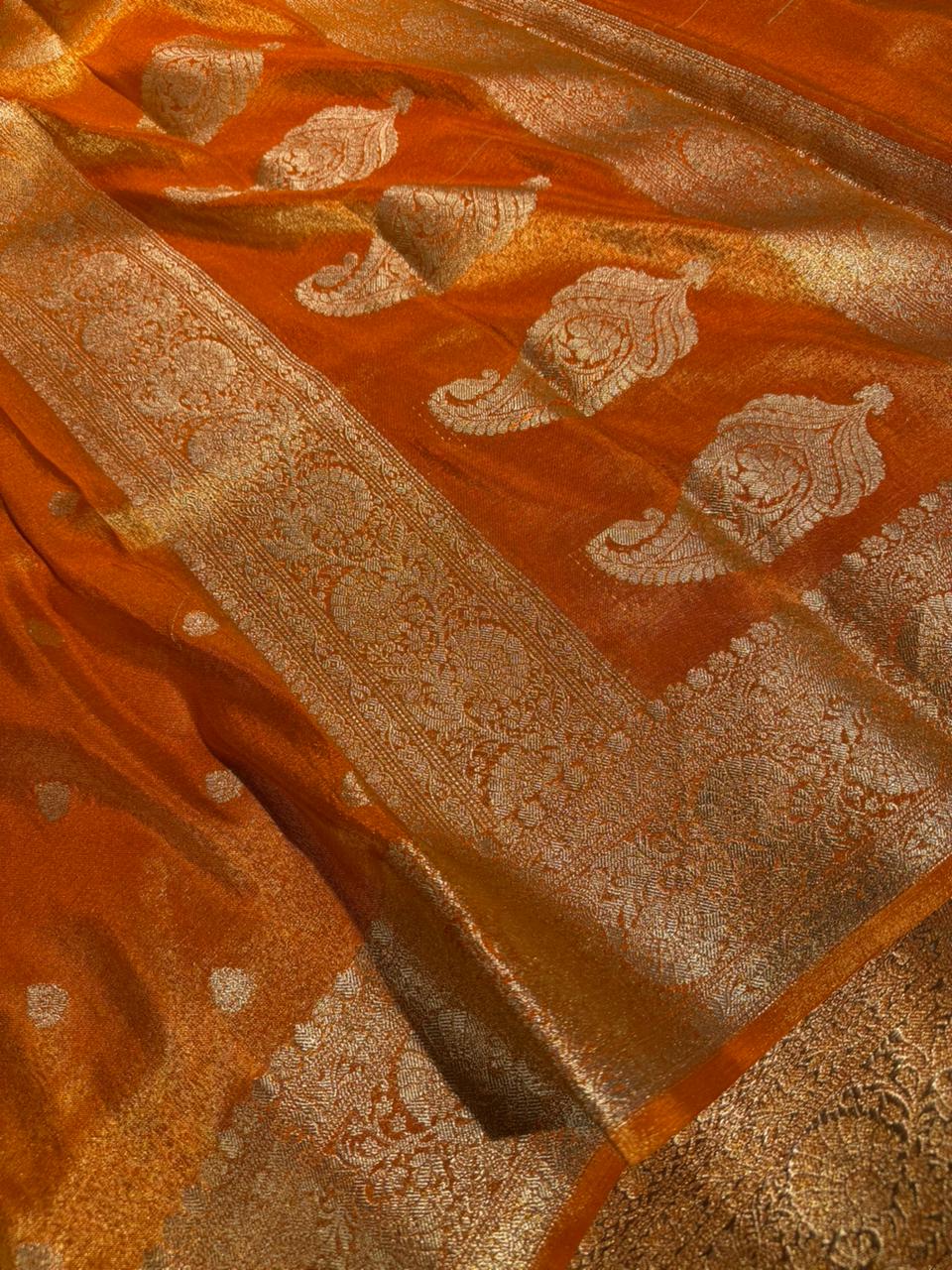 Metallic Orange Breathable Soft Tissue Silk Banarasi saree