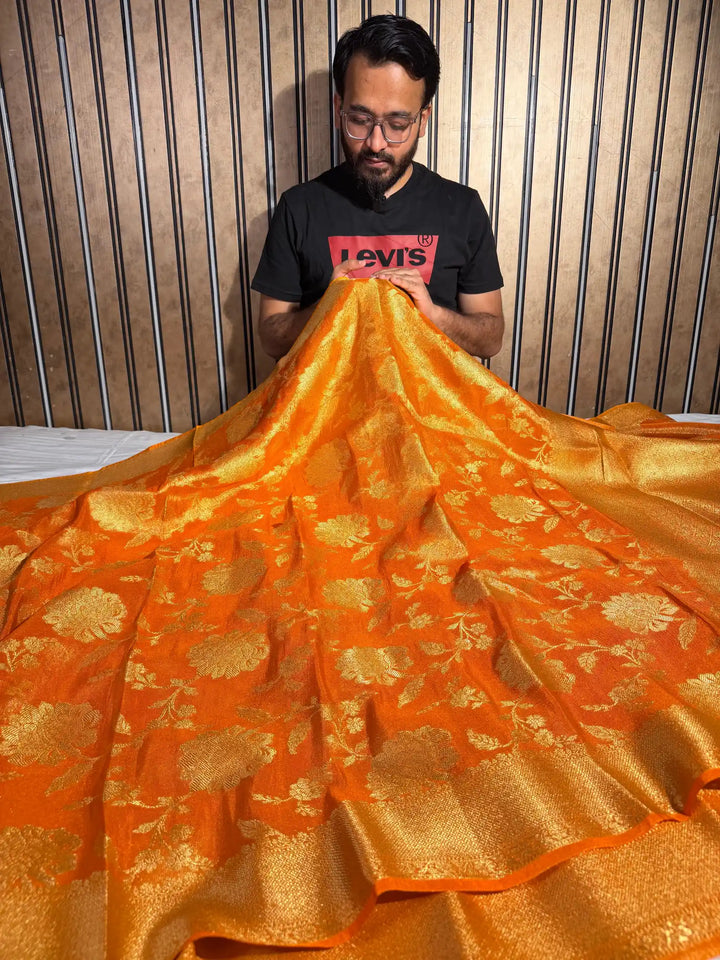 Metallic Orange Breathable Tissue Silk Banarasi Saree