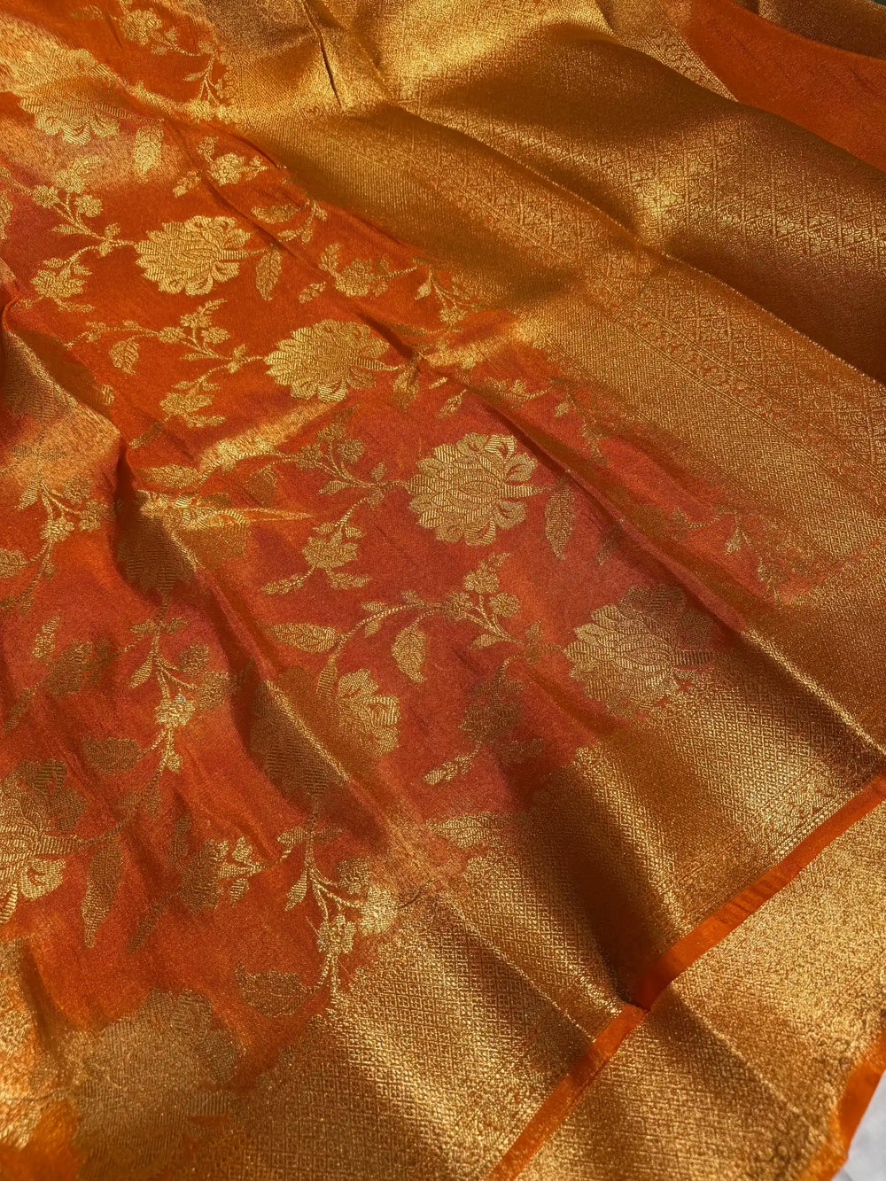 Metallic Orange Breathable Tissue Silk Banarasi Saree