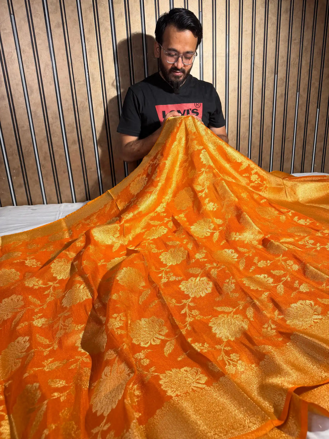 Metallic Orange Breathable Tissue Silk Banarasi Saree