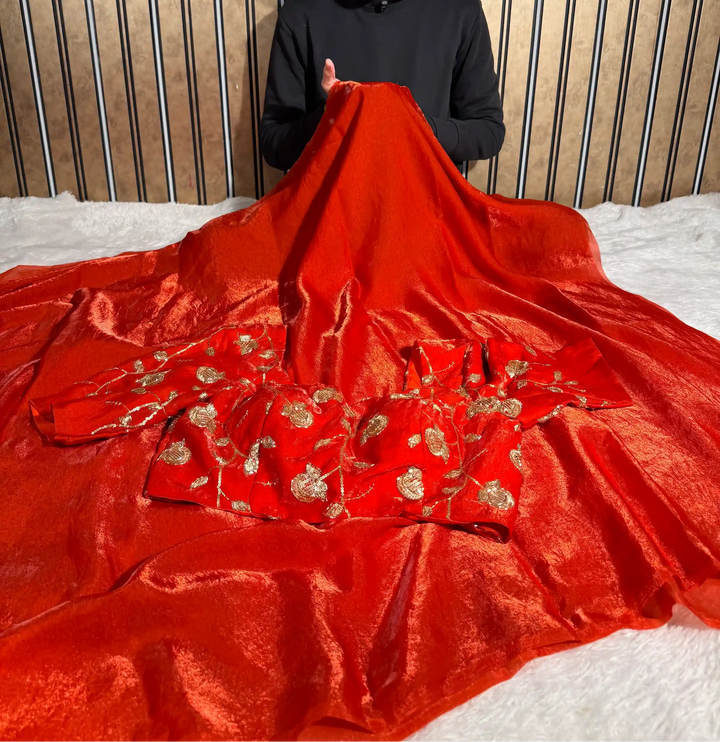 Metallic Orange Breathable Tissue Silk Designer Banarasi Saree