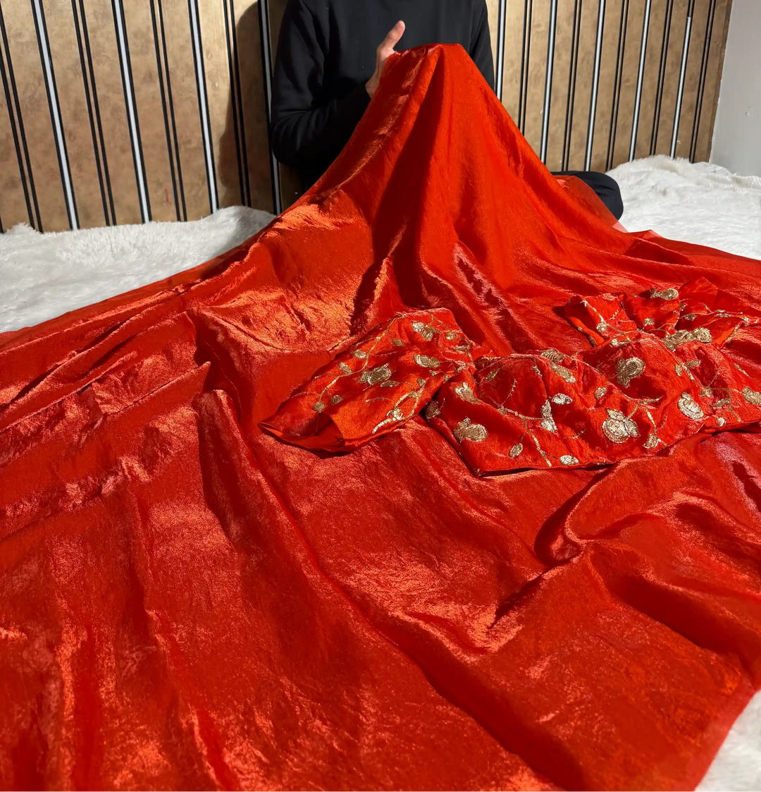 Metallic Orange Breathable Tissue Silk Designer Banarasi Saree