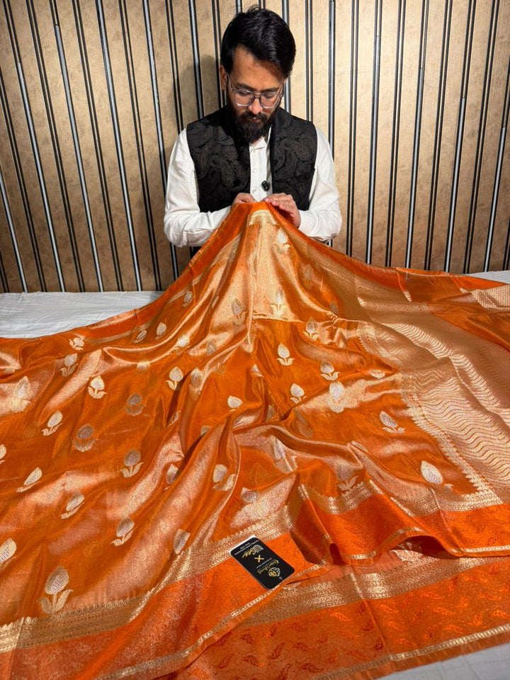 Metallic Orange Breathable Tissue Silk Flower Buta Banarasi Saree