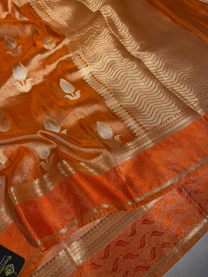 Metallic Orange Breathable Tissue Silk Flower Buta Banarasi Saree