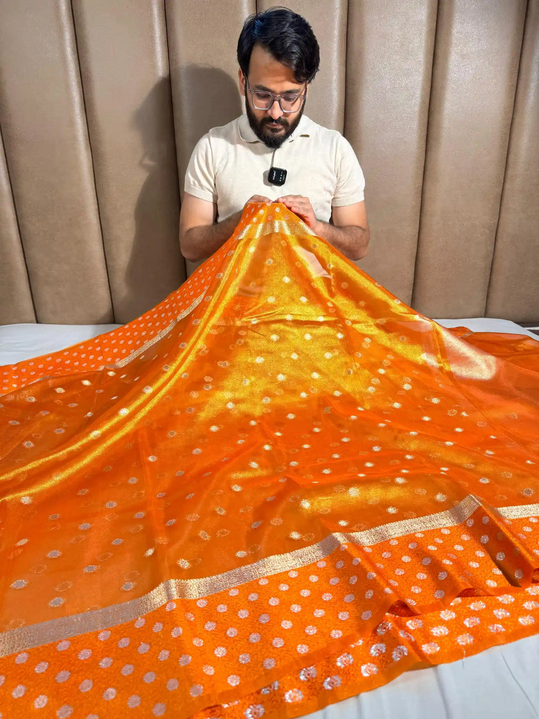 Metallic Orange Copper Paper Tissue Silk Saree with Rich Zari Pallu and Blouse