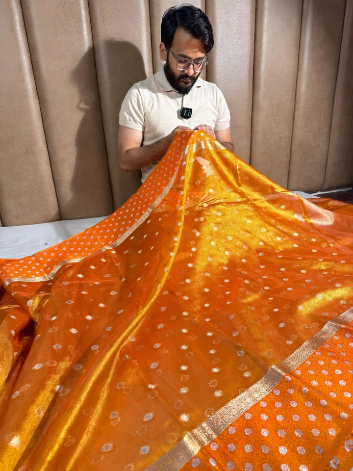 Metallic Orange Copper Paper Tissue Silk Saree with Rich Zari Pallu and Blouse