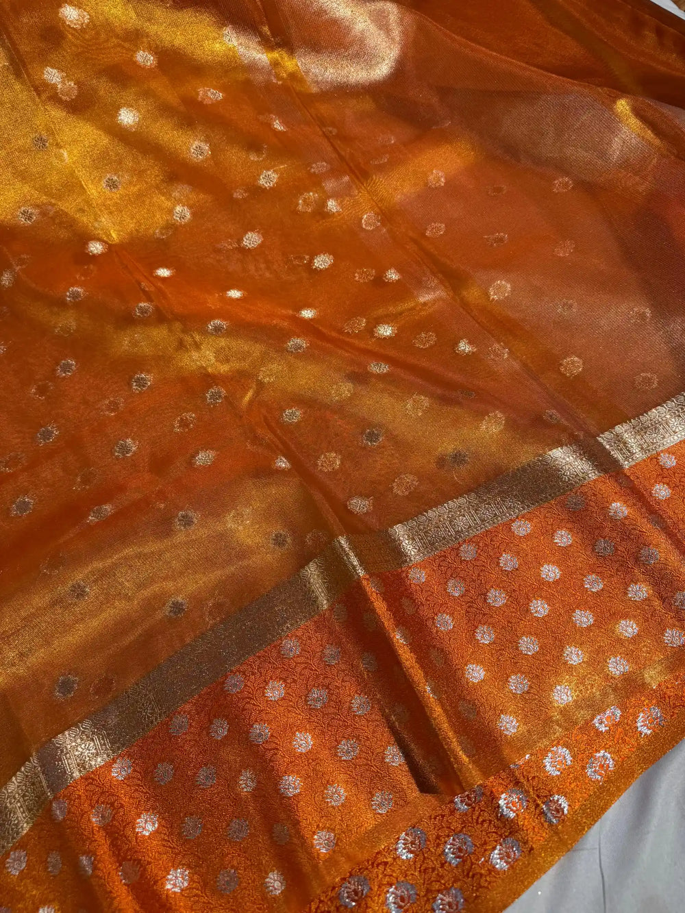 Metallic Orange Copper Paper Tissue Silk Saree with Rich Zari Pallu and Blouse