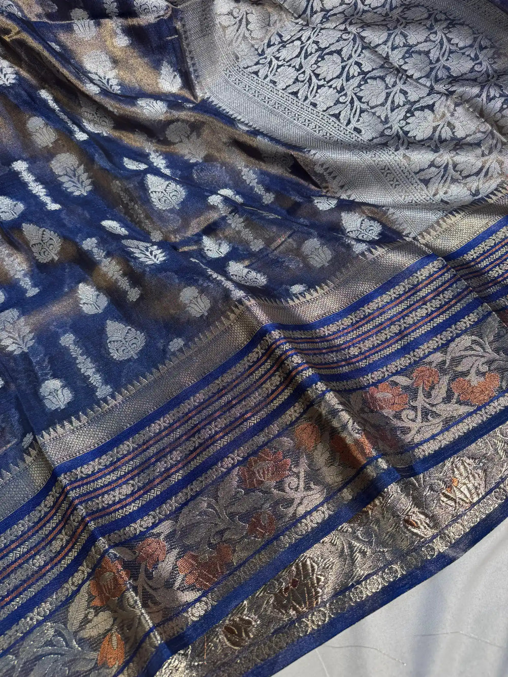 Metallic Orange Copper Paper Tissue Silk Saree with Rich Zari Pallu and Blouse