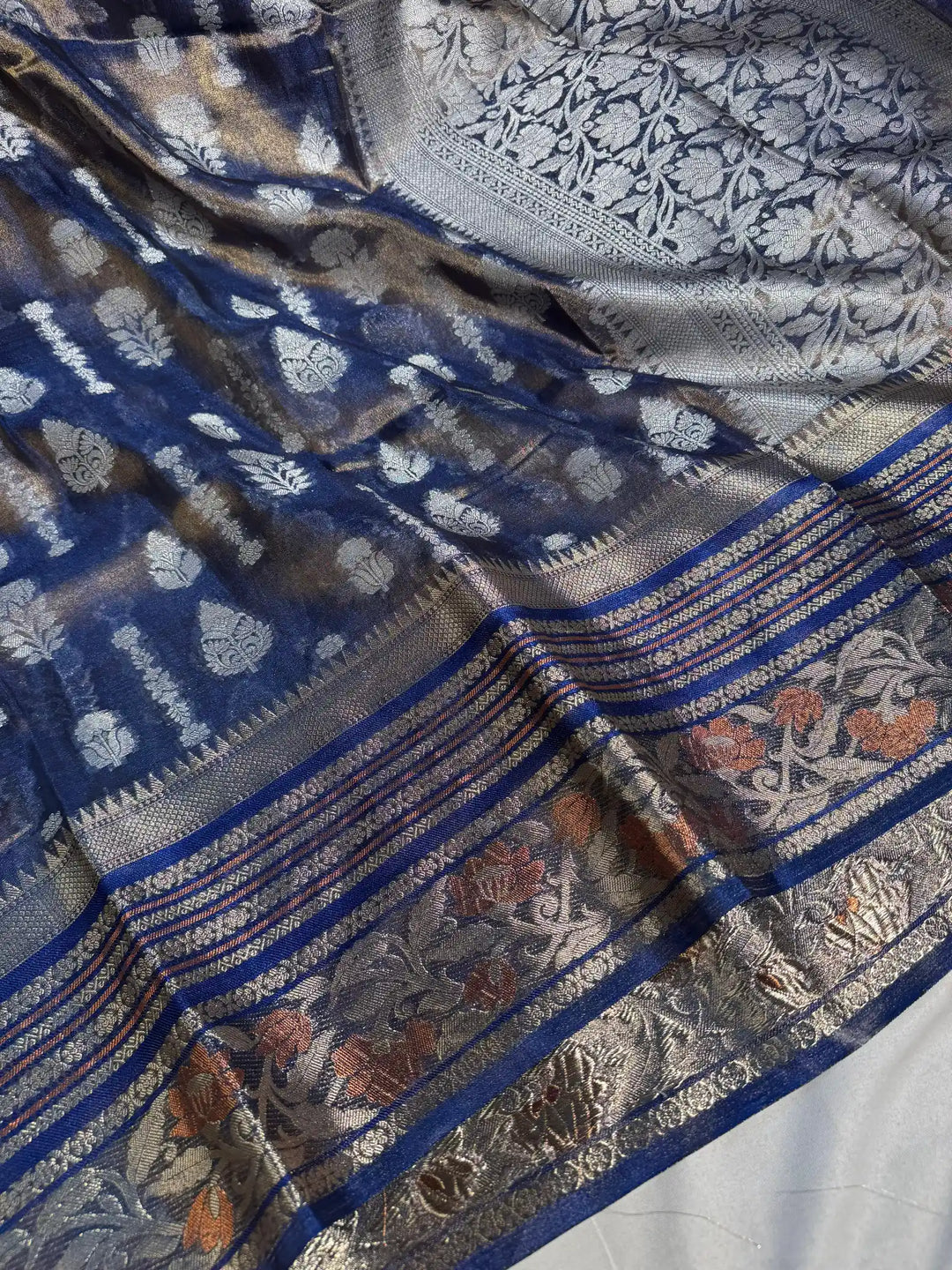 Metallic Orange Copper Paper Tissue Silk Saree with Rich Zari Pallu and Blouse