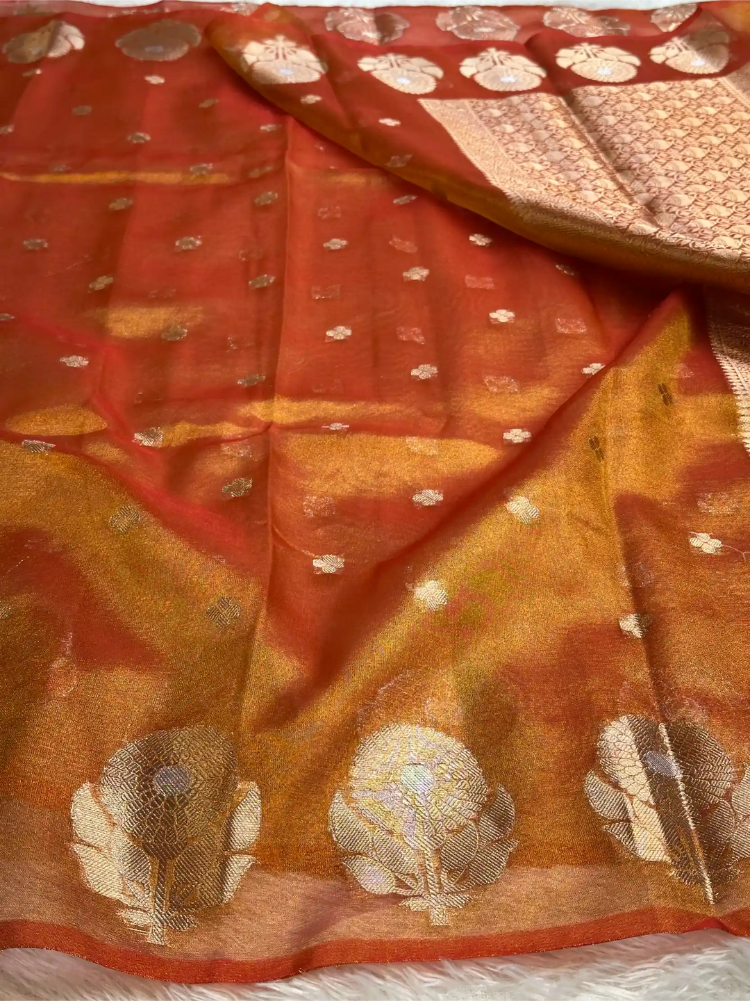Metallic Orange Eccentric Soft Tissue Silk Banarasi Saree