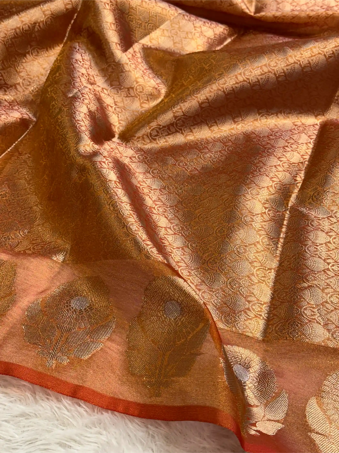 Metallic Orange Eccentric Soft Tissue Silk Banarasi Saree