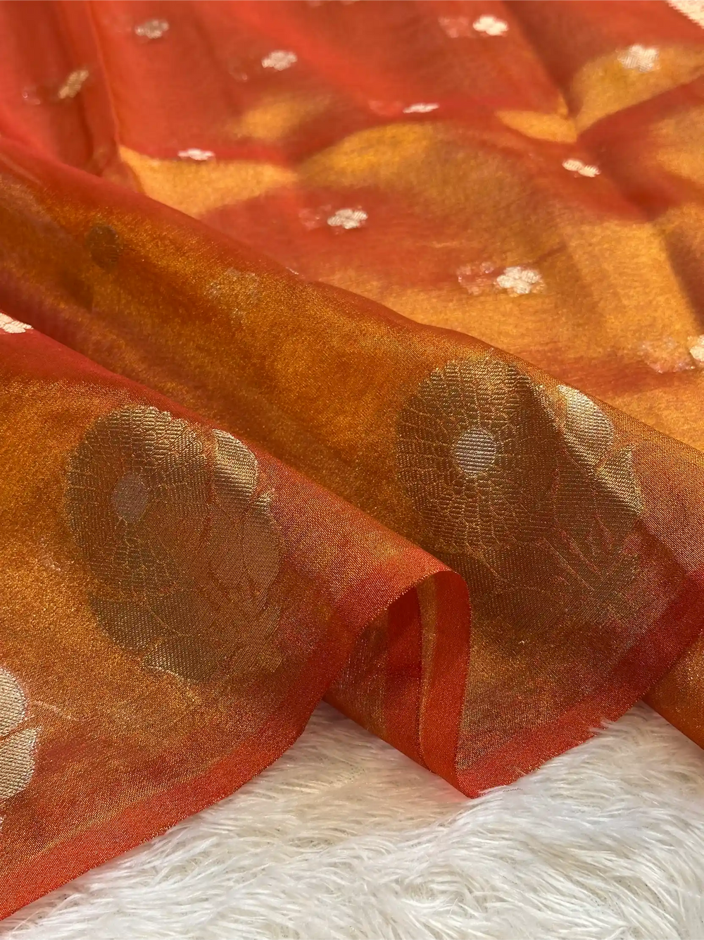 Metallic Orange Eccentric Soft Tissue Silk Banarasi Saree