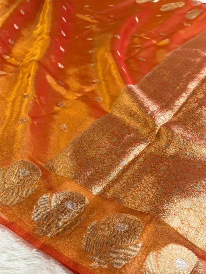 Metallic Orange Eccentric Soft Tissue Silk Banarasi Saree