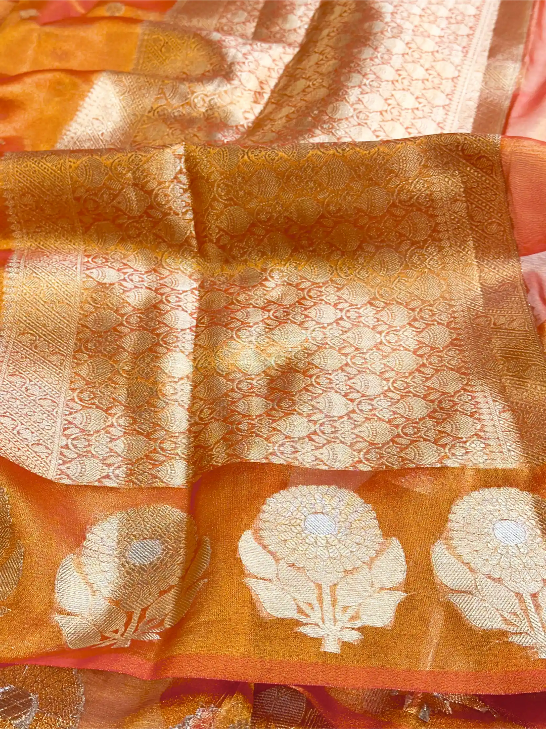 Metallic Orange Eccentric Soft Tissue Silk Banarasi Saree