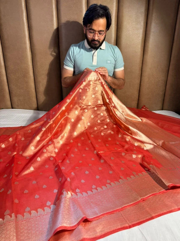 Metallic Orange Handloom Kadhwa Pure Tissue Silk Saree with Rich Pallu and Blouse