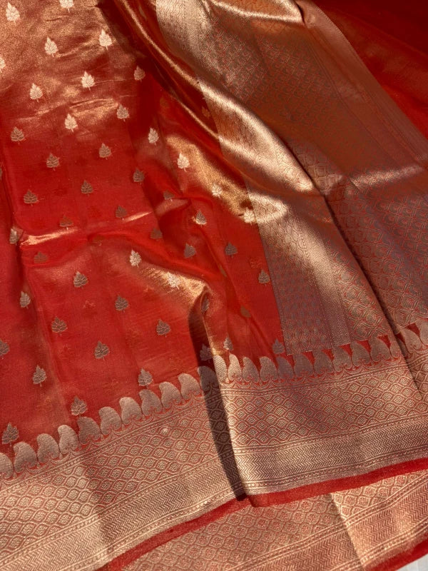 Metallic Orange Handloom Kadhwa Pure Tissue Silk Saree with Rich Pallu and Blouse