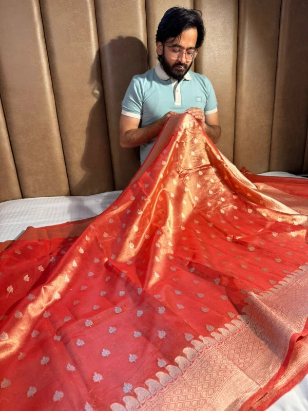 Metallic Orange Handloom Kadhwa Pure Tissue Silk Saree with Rich Pallu and Blouse