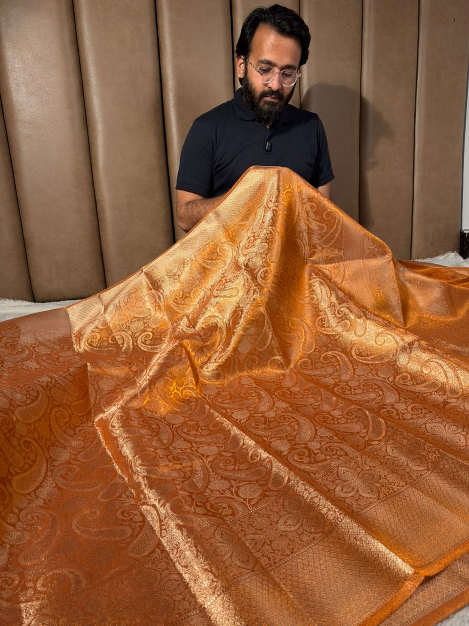 Metallic Orange Kanjivaram Brocade Tissue Saree