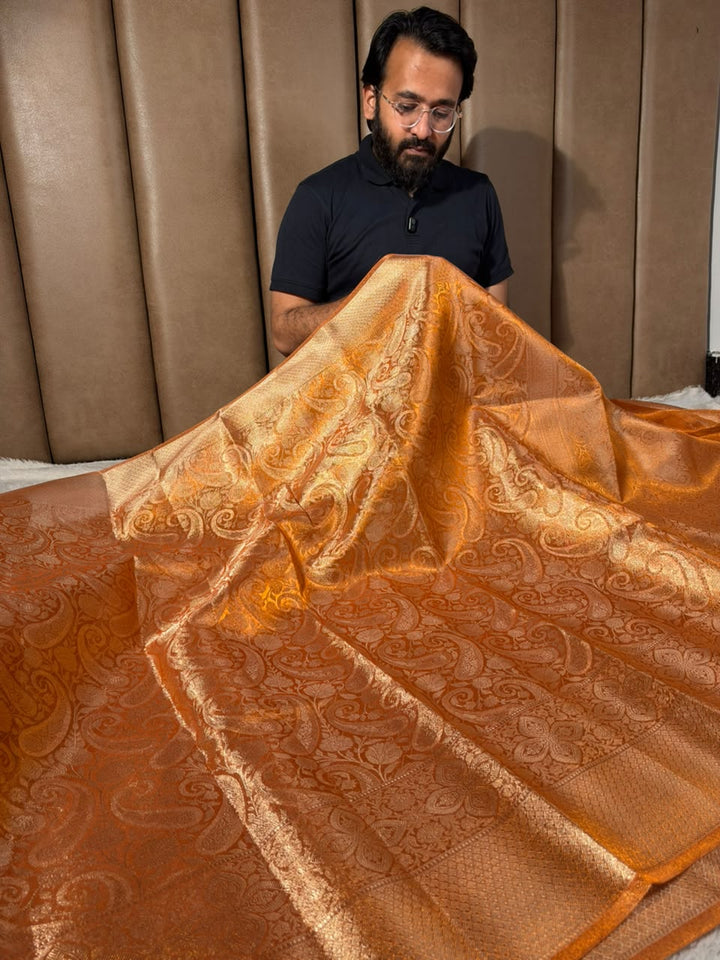 Metallic Orange Kanjivaram Brocade Tissue Saree