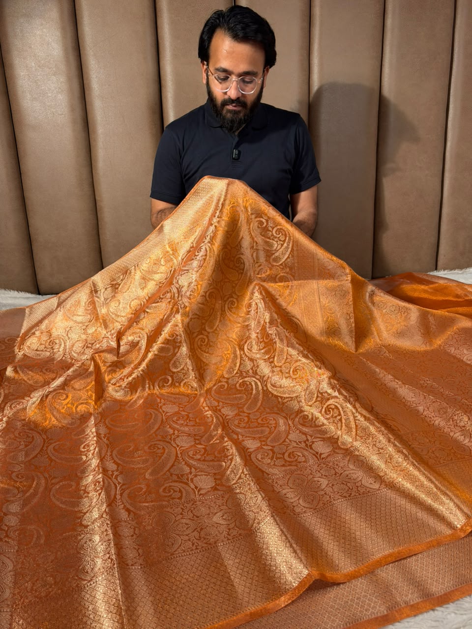 Metallic Orange Kanjivaram Brocade Tissue Saree