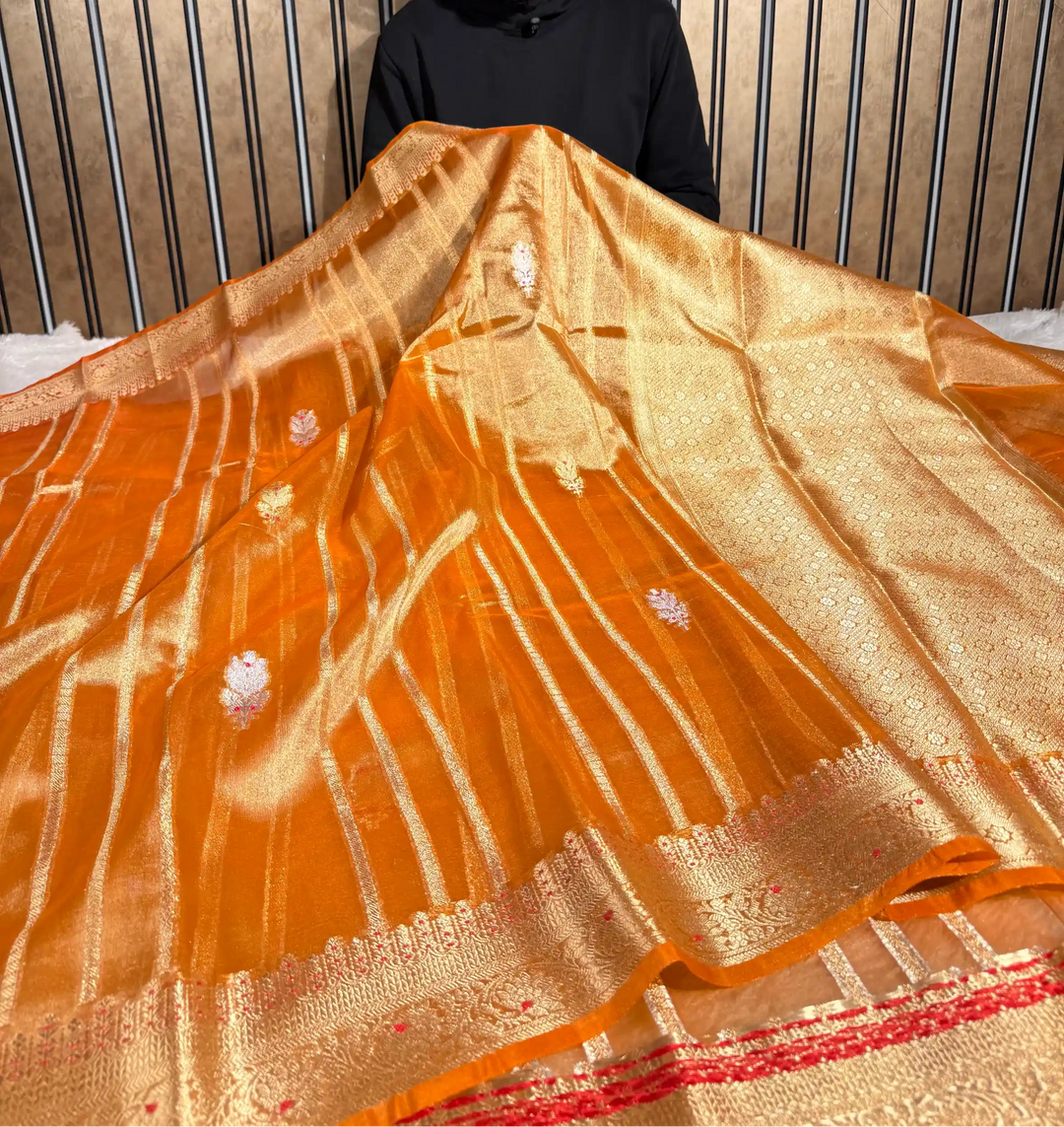 Metallic Orange Kora Tissue Silk Contemporary Meenakari Weave Banarasi Saree