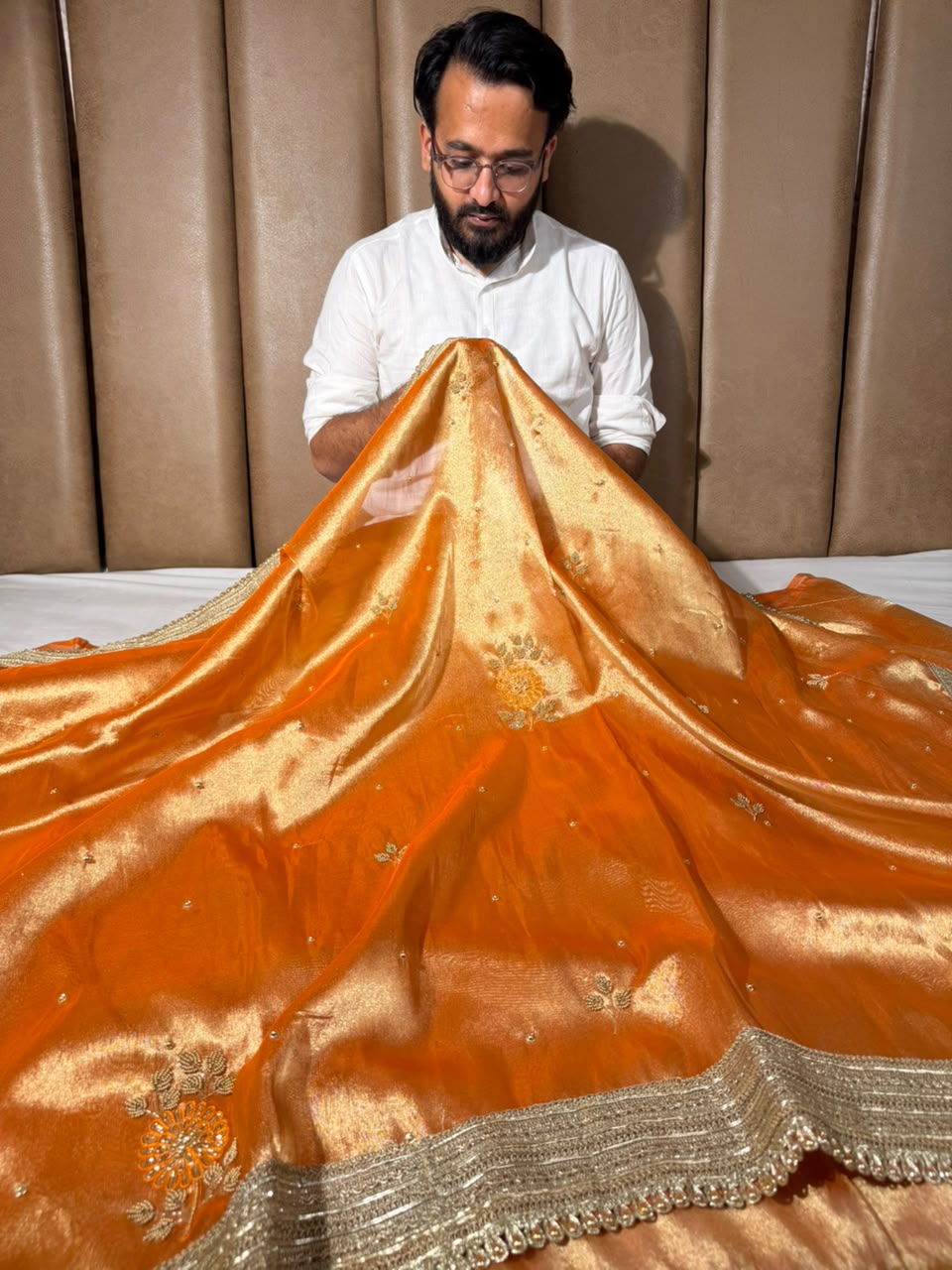 Metallic Orange Kora Tissue Silk Handwork Saree