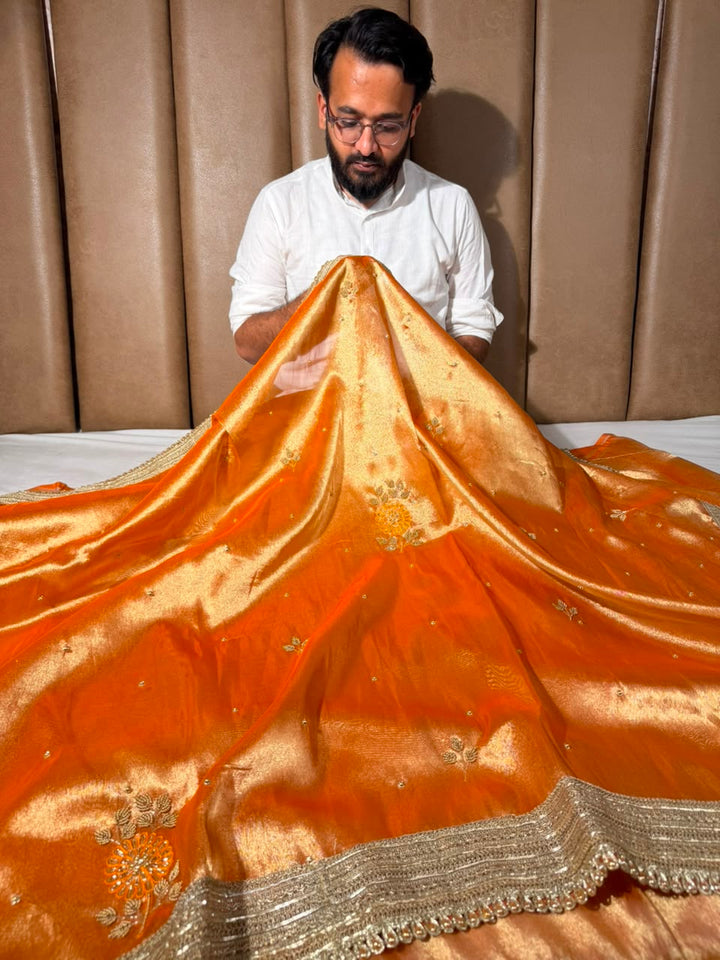 Metallic Orange Kora Tissue Silk Handwork Saree