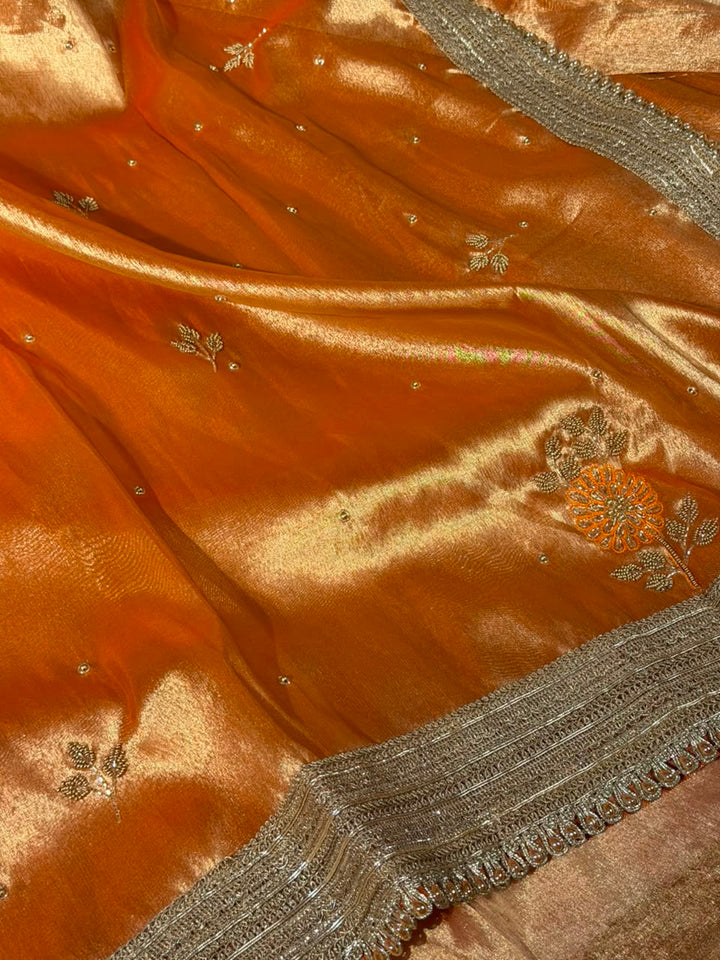 Metallic Orange Kora Tissue Silk Handwork Saree