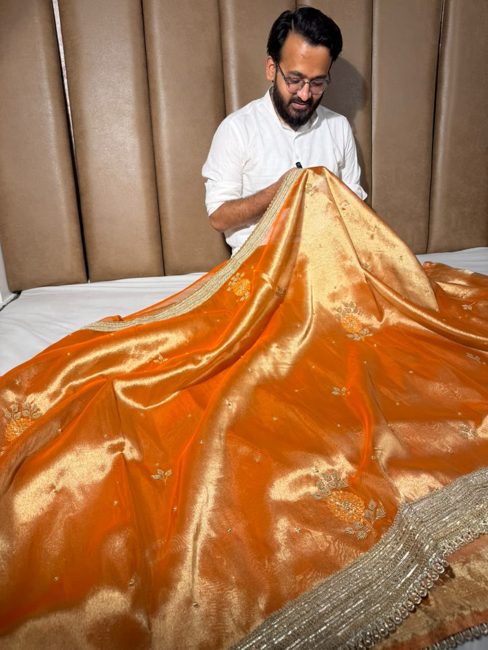 Metallic Orange Kora Tissue Silk Handwork Saree