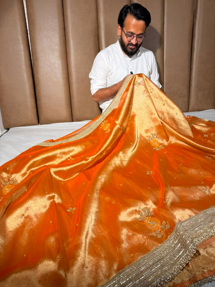 Metallic Orange Kora Tissue Silk Handwork Saree