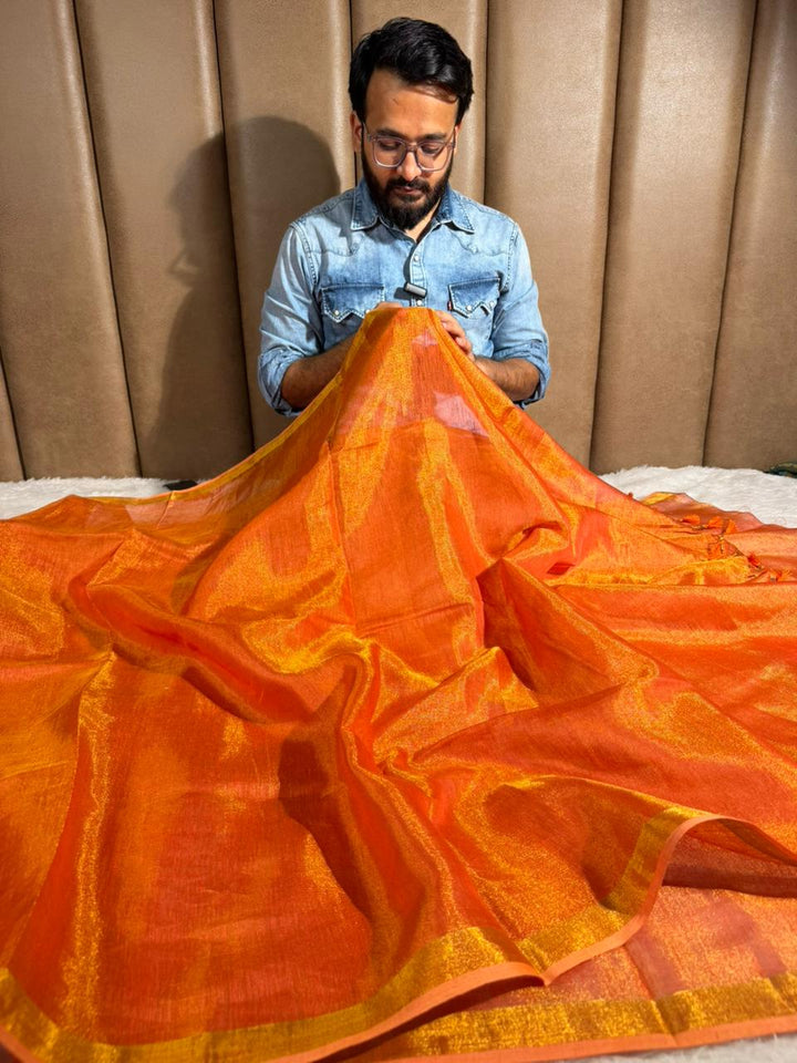 Metallic Orange Linen Tissue Silk Banarasi Saree