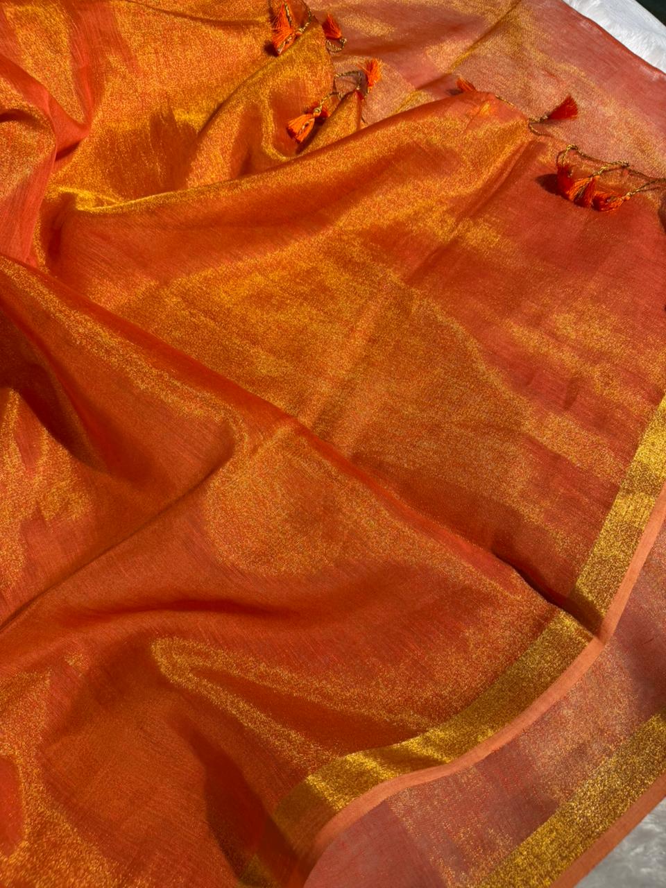 Metallic Orange Linen Tissue Silk Banarasi Saree