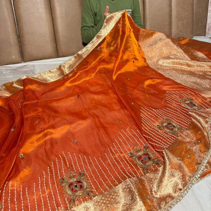 Metallic Orange Pure Tissue Silk Handwork Designer Saree