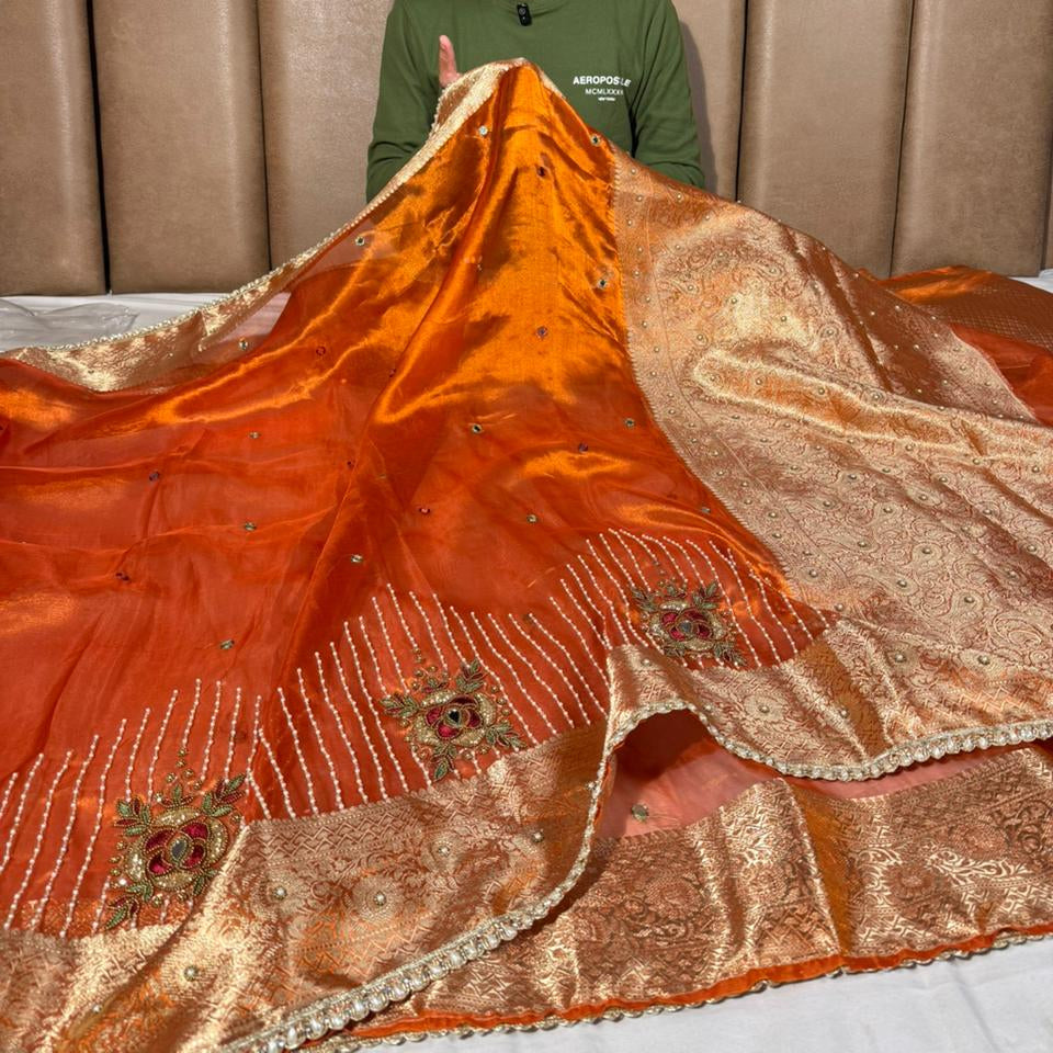 Metallic Orange Pure Tissue Silk Handwork Designer Saree