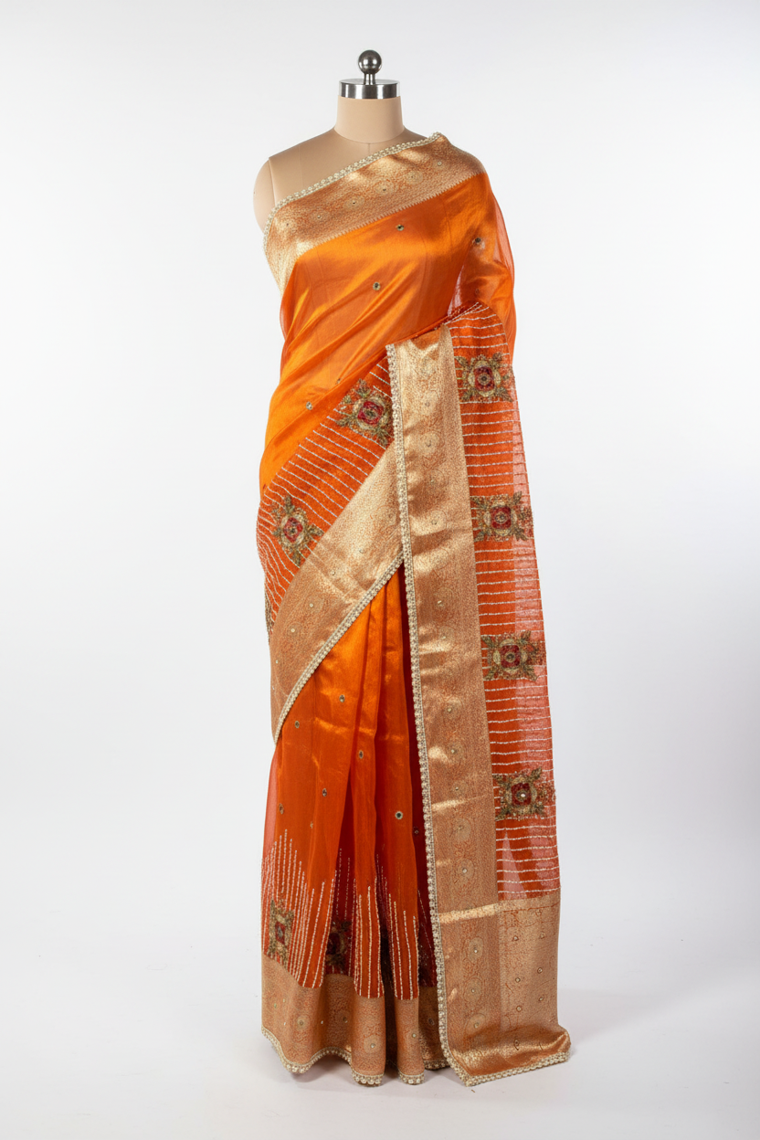 Metallic Orange Pure Tissue Silk Handwork Designer Saree